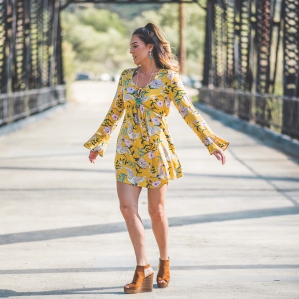 Yellow Floral Bell-sleeve Dress